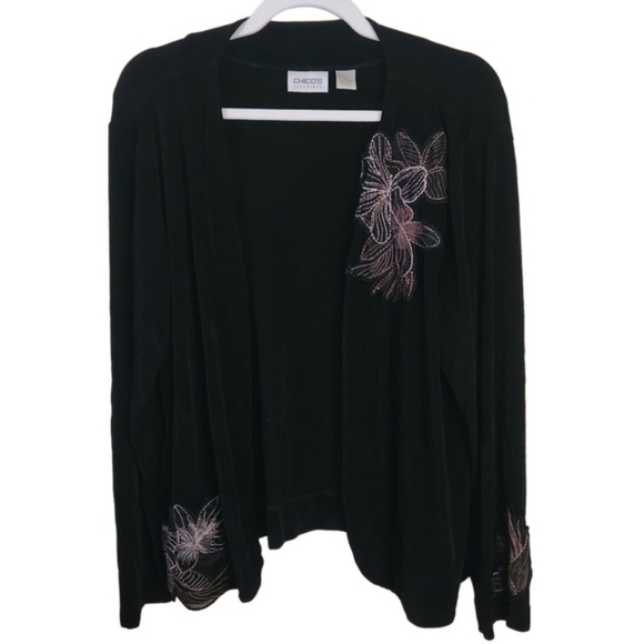 Chicos Travelers Black Appliqué Open Front Cardigan Sweater Size 3(XL) - Picture 1 of 6